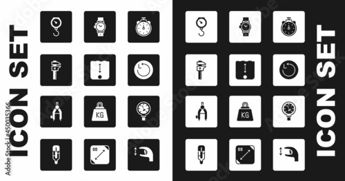 Set Stopwatch, Depth measurement, Calliper or caliper and scale, Hand spring mechanical, Radius, Wrist, Pressure water meter and Drawing compass icon. Vector