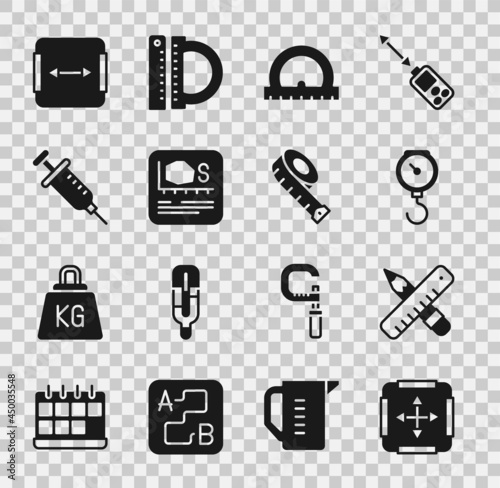 Set Area measurement, Crossed ruler and pencil, Hand scale spring mechanical, Protractor, Syringe, and Measuring tape icon. Vector