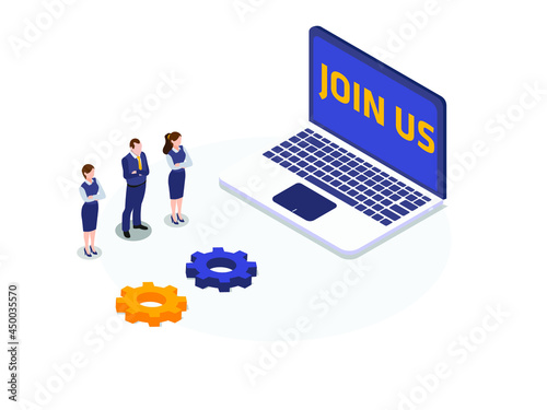 Join Us vector concept. Group of business people standing with Join Us text on the laptop screen
