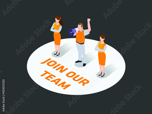 Join Our Team vector concept. Group of business people using a megaphone while standing with Join Our Team text