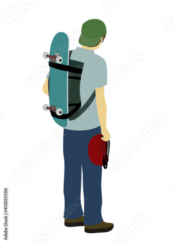 スケートボードをバックパックの上に背負ってヘルメットを持っている男性の後ろ姿のイラスト