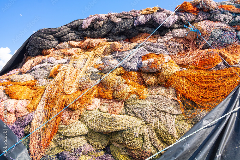 Fototapeta premium Fishing nets stack or heap in the fishing harbor.