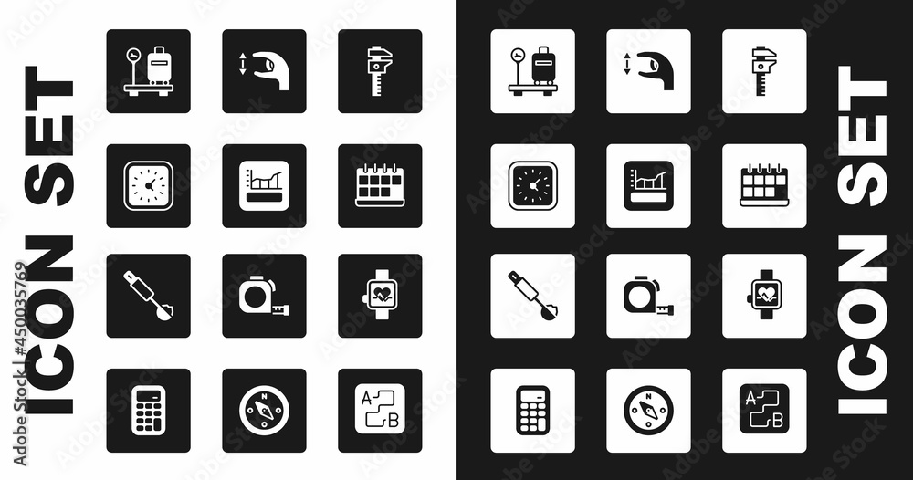 Set Calliper or caliper and scale, Graph, schedule, chart, diagram, Clock, Scale with suitcase, Calendar, Approximate measurements, Smart watch and Measuring spoon icon. Vector Set Calliper or caliper and scale, Graph, schedule, chart, diagram, Clock, Scale with suitcase, Calendar, Approximate measurements, Smart watch and Measuring spoon icon. Vector
