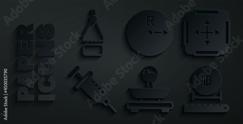 Set Scales, Area measurement, Syringe, Diameter, Radius and Drawing compass icon. Vector