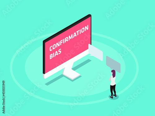 Confirmation bias vector concept. Young woman looking at confirmation bias text on the monitor while standing with cloud speech over her head