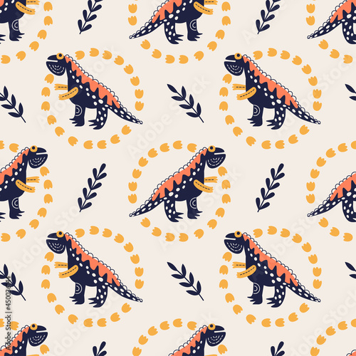 Vector illustration of seamless pattern with dinosaur. Beige orange colors. For printing on fabric, on paper, poster, for decorating a nursery, digital. Hand drawn style.