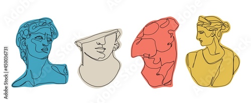 Ancient greek sculptures. Greece mythology statues hand drawn one continuous line, david goddess head torso. Vector art