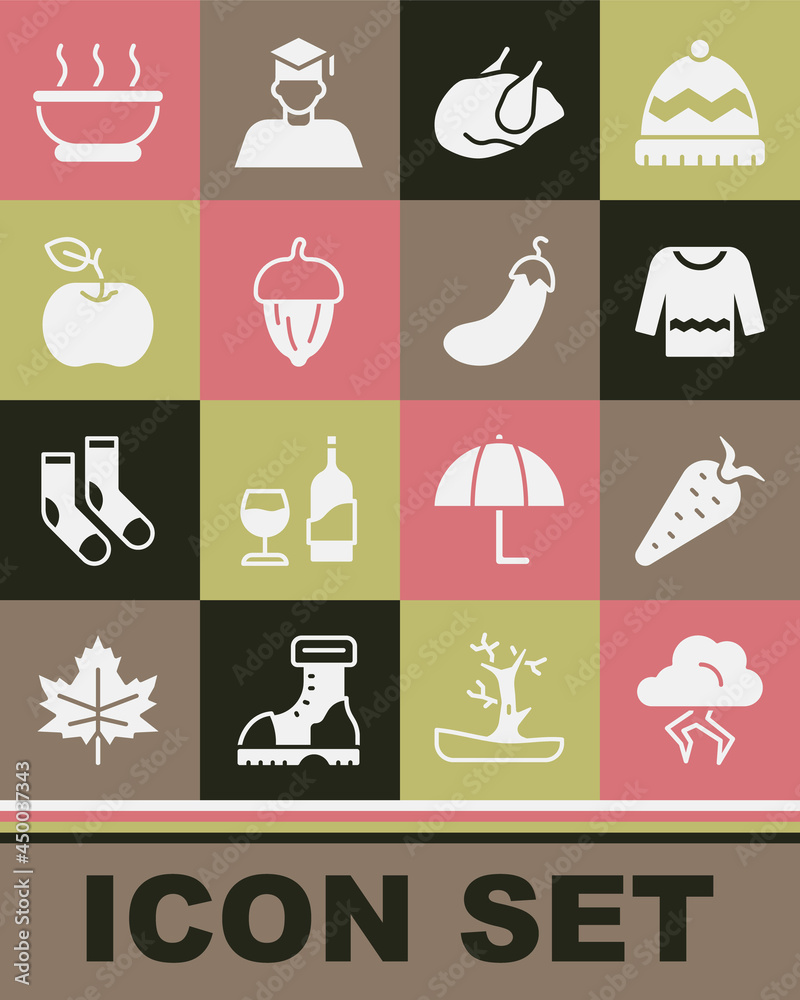 Set Storm, Carrot, Sweater, Roasted turkey chicken, Acorn, Apple, Bowl of hot soup and Eggplant icon. Vector Set Storm, Carrot, Sweater, Roasted turkey chicken, Acorn, Apple, Bowl of hot soup and Eggplant icon. Vector