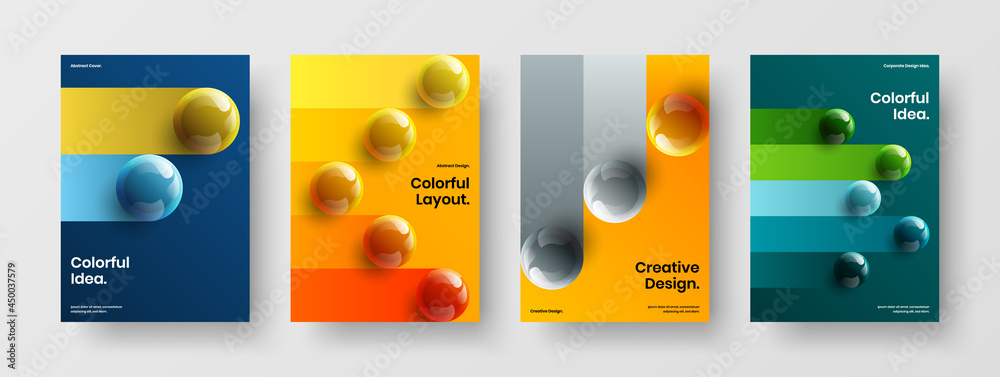 Original flyer design vector concept bundle. Unique realistic balls catalog cover template set.