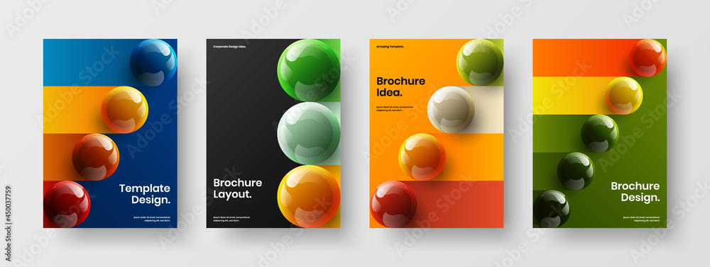 Vivid 3D balls pamphlet template composition. Isolated annual report A4 vector design layout set.