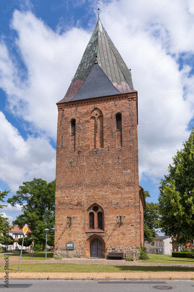 Bell tower of Stadtkirche church at Marlow, Mecklenburg-Vorpommern, Germany