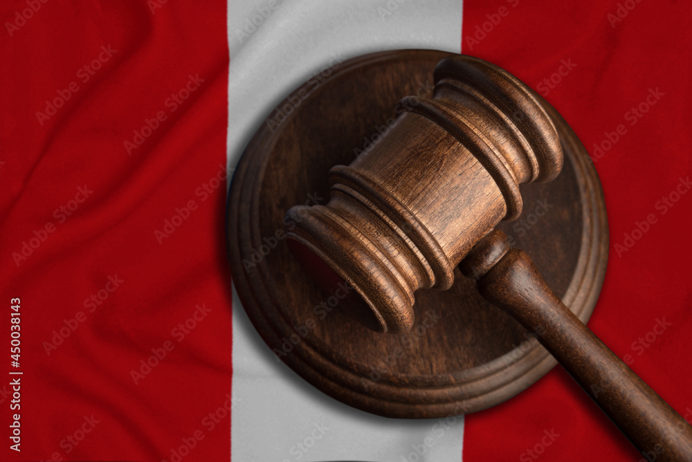 Judge Gavel and flag of Peru. Law and justice in Republic of Peru. Violation of rights and freedoms