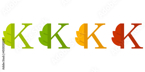 Otoño. Caída de la hoja. Logotipo letra inicial K con forma de hoja de árbol en color verde, naranja y rojo