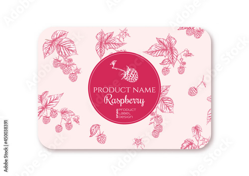 Raspberry. Ripe berries on branch. Template for product label, cosmetic packaging. Easy to edit. Graphic drawing, engraving style. Vector illustration..