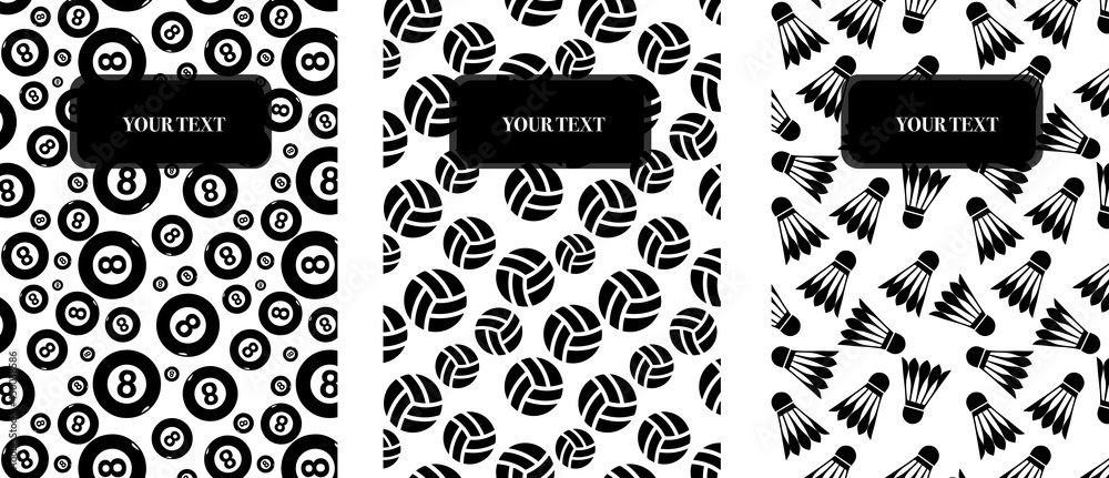 Obraz premium Set of abstract modern cover design with billiard balls number 8, volleyball and badminton. Design for book, flyer, banner, brochure, background and notebook. Sport.