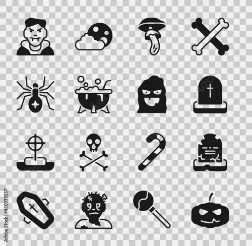 Set Pumpkin, Tombstone with RIP written, Psilocybin mushroom, Halloween witch cauldron, Spider, Vampire and Funny and scary ghost mask icon. Vector