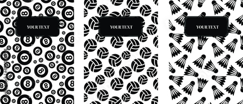 Set of abstract modern cover design with billiard balls number 8, volleyball and badminton. Design for book, flyer, banner, brochure, background and notebook. Sport.