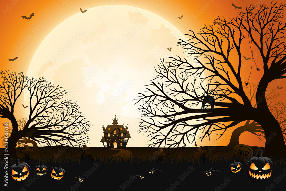 Halloween scary pumpkin faces, haunted house and spooky trees with moonlight on orange background.