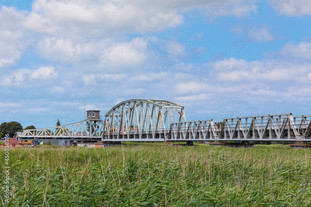 Historic Meiningenbrücke railway swing bridge near Zingst, Mecklenburg Western-Pomerania
