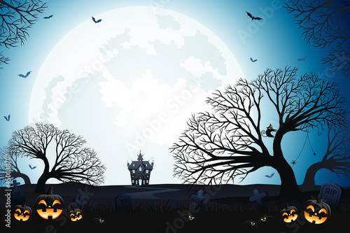 Halloween smiling pumpkin faces, haunted house and spooky trees with moonlight on blue background.