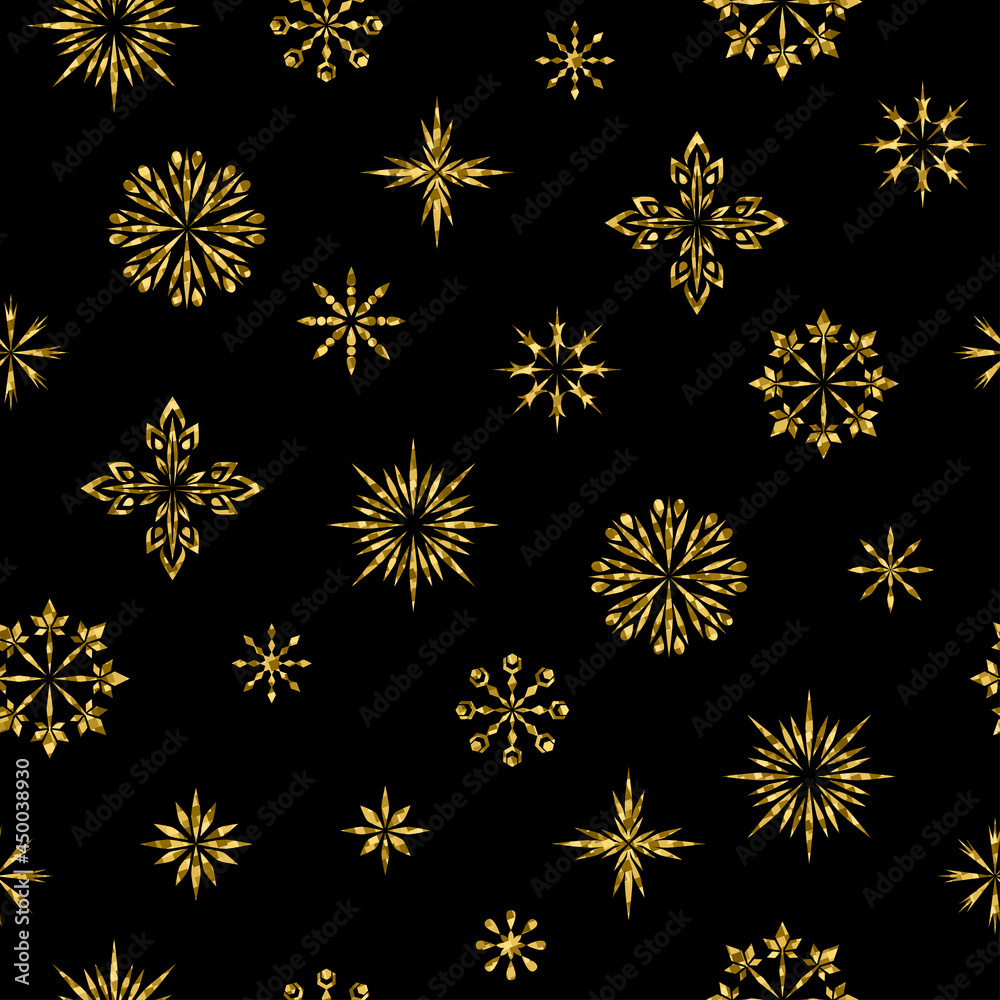 Seamless pattern. Snowflakes with golden glitter on black background. Texture for print, wallpaper, home decor, textile, package design Seamless pattern. Snowflakes with golden glitter on black background. Texture for print, wallpaper, home decor, textile, package design