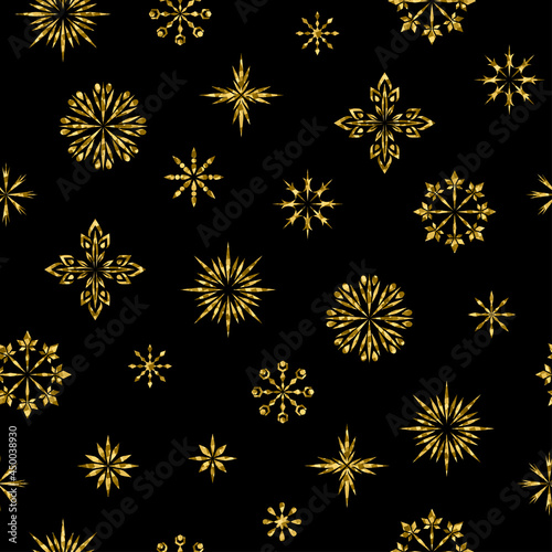 Seamless pattern. Snowflakes with golden glitter on black background. Texture for print, wallpaper, home decor, textile, package design