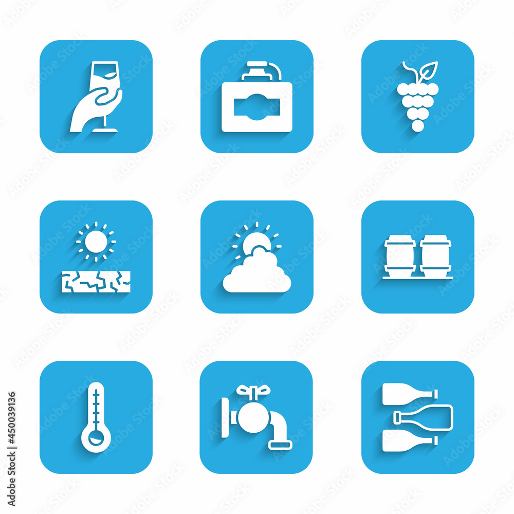 Set Sun and cloud weather, Tap for barrel, Bottles of wine, Wooden, Meteorology thermometer, Drought, Bunch grapes and Wine tasting, degustation icon. Vector Set Sun and cloud weather, Tap for barrel, Bottles of wine, Wooden, Meteorology thermometer, Drought, Bunch grapes and Wine tasting, degustation icon. Vector