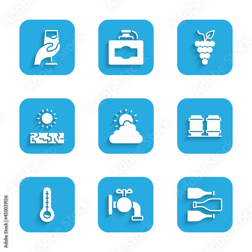 Set Sun and cloud weather, Tap for barrel, Bottles of wine, Wooden, Meteorology thermometer, Drought, Bunch grapes and Wine tasting, degustation icon. Vector