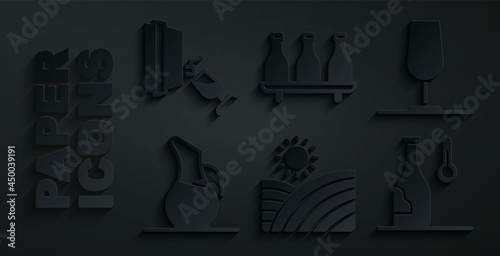 Set Vineyard wine grapes, Wine glass, Decanter for, temperature, Bottle of and tasting, degustation icon. Vector