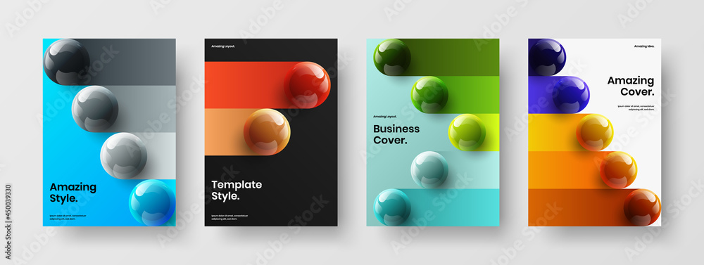 Premium corporate brochure A4 design vector concept collection. Clean realistic balls annual report illustration composition.