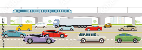 Autobahn mit Schnellzug, LKW und Personenwagen
