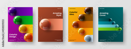 Fresh company cover A4 vector design illustration composition. Trendy realistic balls corporate brochure concept collection.