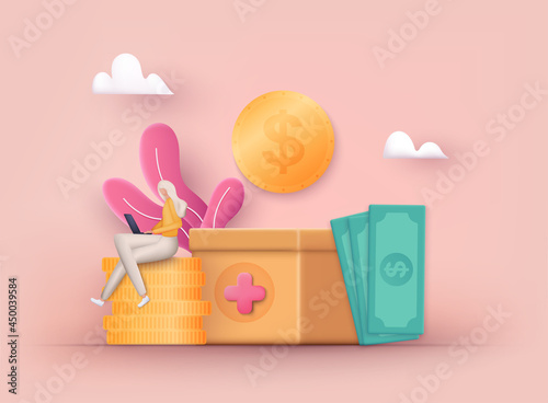 Donation Box with golden coin, money. Donation and charity concept. 3D Web Vector Illustrations.