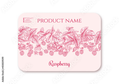 Raspberry. Ripe berries on branch. Template for product label, cosmetic packaging. Easy to edit. Graphic drawing, engraving style. Vector illustration..