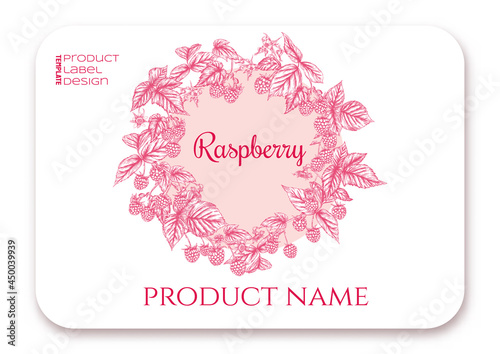 Raspberry. Ripe berries on branch. Template for product label, cosmetic packaging. Easy to edit. Graphic drawing, engraving style. Vector illustration..