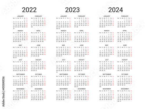 Calendar 2022 2023 2024 years template. Calendar mockup minimal design in black and white colors, holidays in red colors, week starts on monday. Vector illustration. Vector illustration.