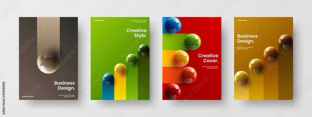 Trendy handbill A4 design vector template set. Modern realistic balls cover layout bundle.