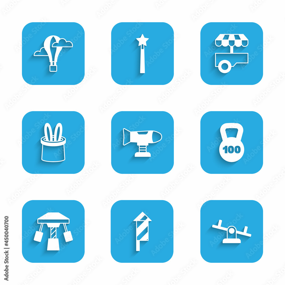 Set Swing plane, Firework rocket, Seesaw, Weight, Attraction carousel, Magician hat and rabbit ears, Fast street food cart and Hot air balloon icon. Vector Set Swing plane, Firework rocket, Seesaw, Weight, Attraction carousel, Magician hat and rabbit ears, Fast street food cart and Hot air balloon icon. Vector