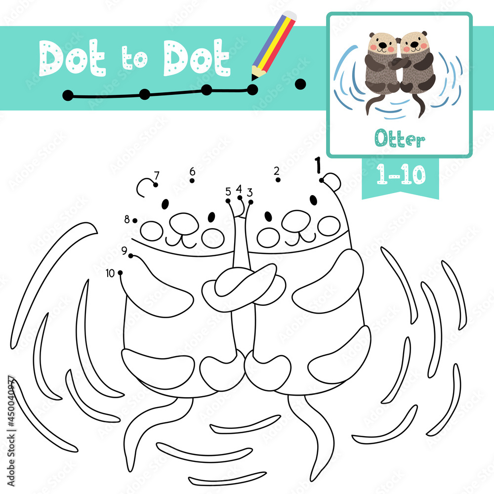 Dot to dot educational game and Coloring book Otter couple holding ...