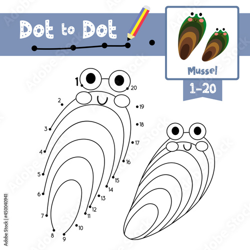 Dot to dot educational game and Coloring book Mussel animal cartoon character vector illustration