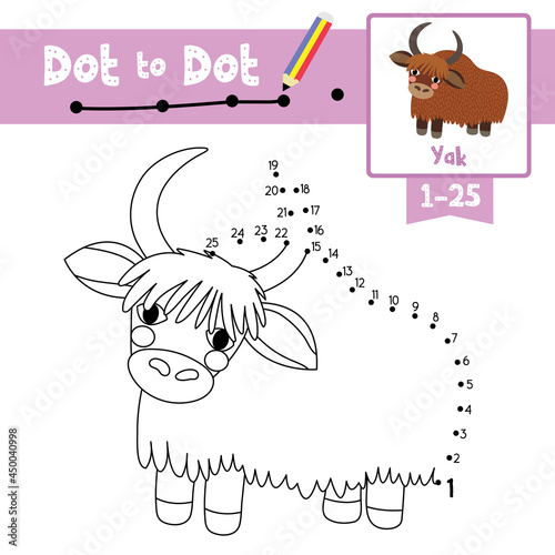 Dot to dot educational game and Coloring book Yak animal cartoon character vector illustration