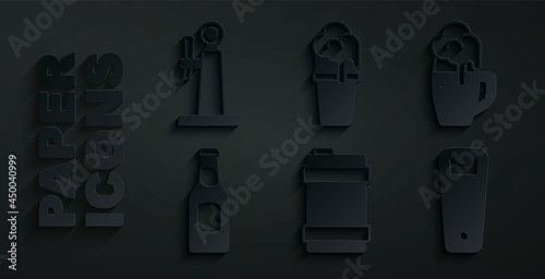 Set Metal beer keg, Glass of, Beer bottle, Bottle opener, and tap icon. Vector