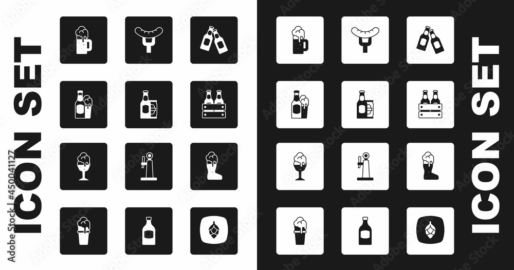 Set Beer bottle, and beer can, glass, Wooden mug, Pack of bottles, Sausage on the fork, Boot and Glass icon. Vector