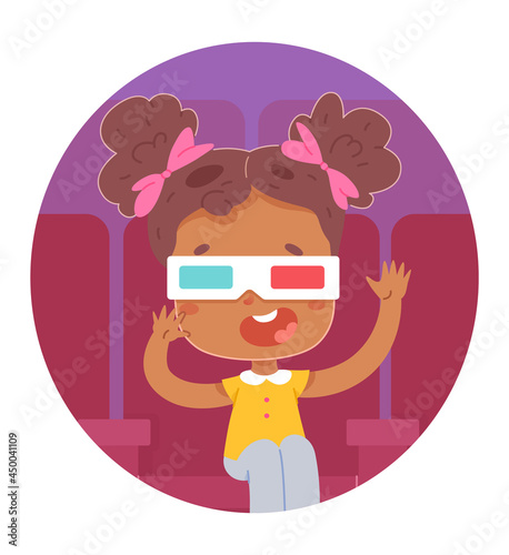 Kid watching movie on screen at cinema. Little girl watch film in theater, sitting on seat in amazement vector illustration. Leisure and entertainment in childhood