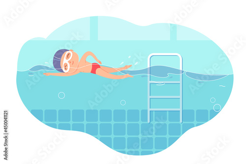 Little boy swim in swimming pool. Child freestyler in blue water vector illustration. Swimmer exercising in class, ladder nearby. Little happy kid sportsman photo