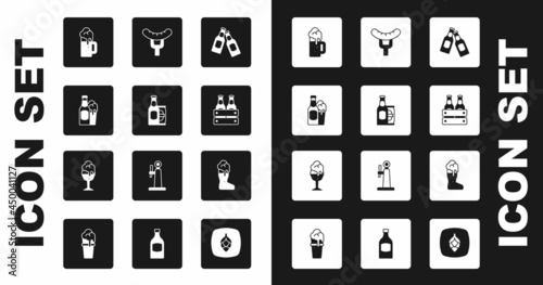 Set Beer bottle, and beer can, glass, Wooden mug, Pack of bottles, Sausage on the fork, Boot and Glass icon. Vector