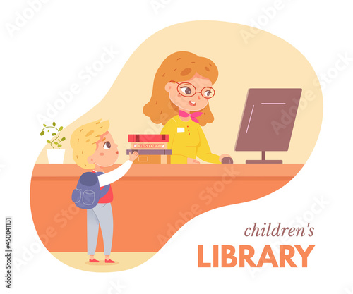 Librarian working at children's library scene. Young woman at desk with computer monitor, books, plant vector illustration. Little boy asking book to read on white background