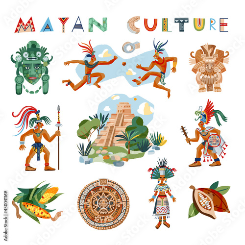 Mayan culture and people set. Ancient civilisation icons in Mexico vector illustration. Tribal men and woman, Chichen Itza temple, calendar, masks, cacao, corn, text on white background