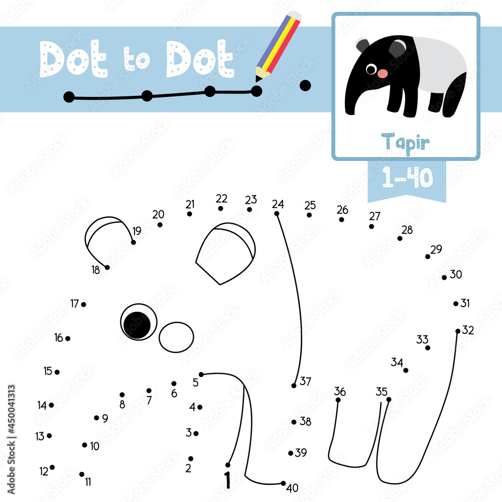 Obraz premium Dot to dot educational game and Coloring book Standing Tapir animal cartoon character vector illustration