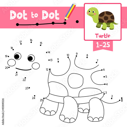 Dot to dot educational game and Coloring book Turtle animal cartoon character vector illustration